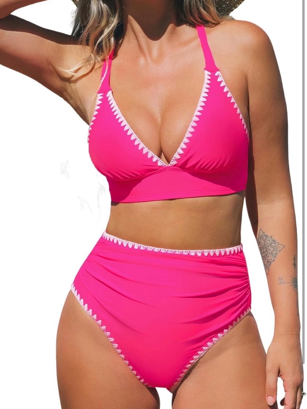 Cupshe Hot Pink High-Waist Bikini with White Zigzag Trim